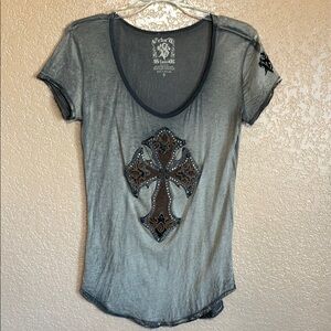 Affliction Gray Cross Embellished Women's Topaffliction style embellished cross